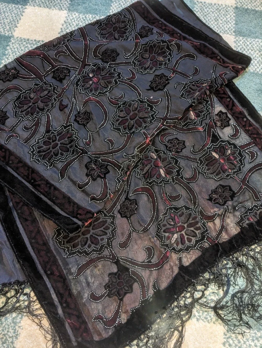 Burnout Velvet Moody Black And Wine Semi Sheet Scarf Shawl